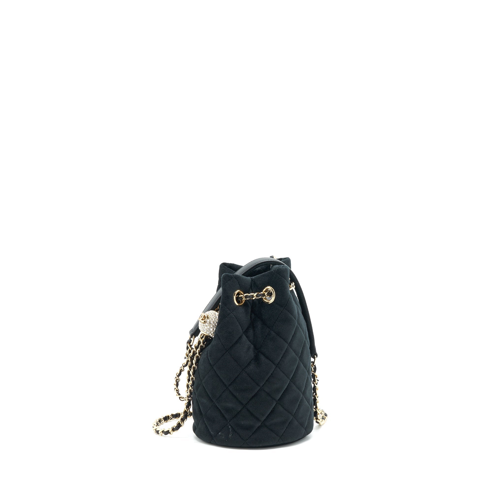 CHANEL PEARL CRUSH ON CHAIN MINI BUCKET VELVET BLACK LGHW