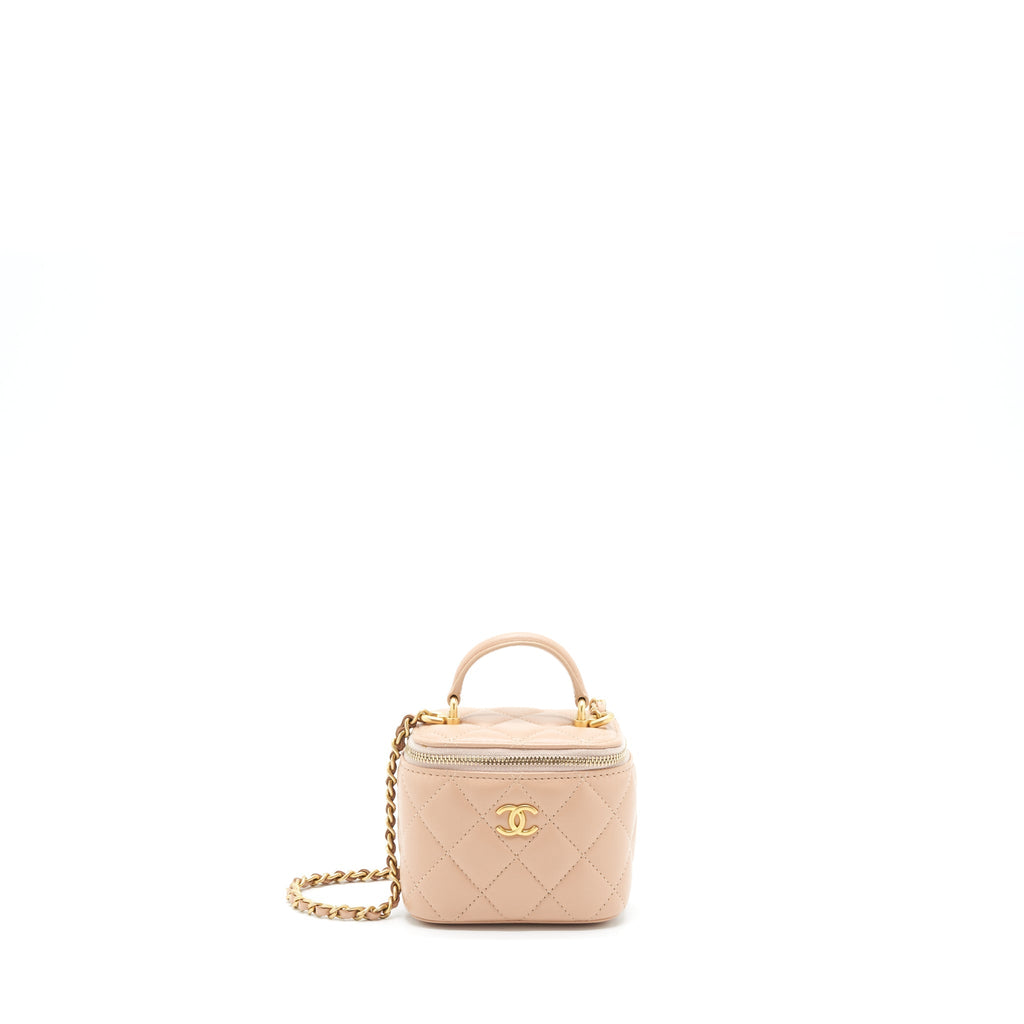 CHANEL TOP HANDLE MINI VANITY ON CHAIN LAMBSKIN BEIGE GHW