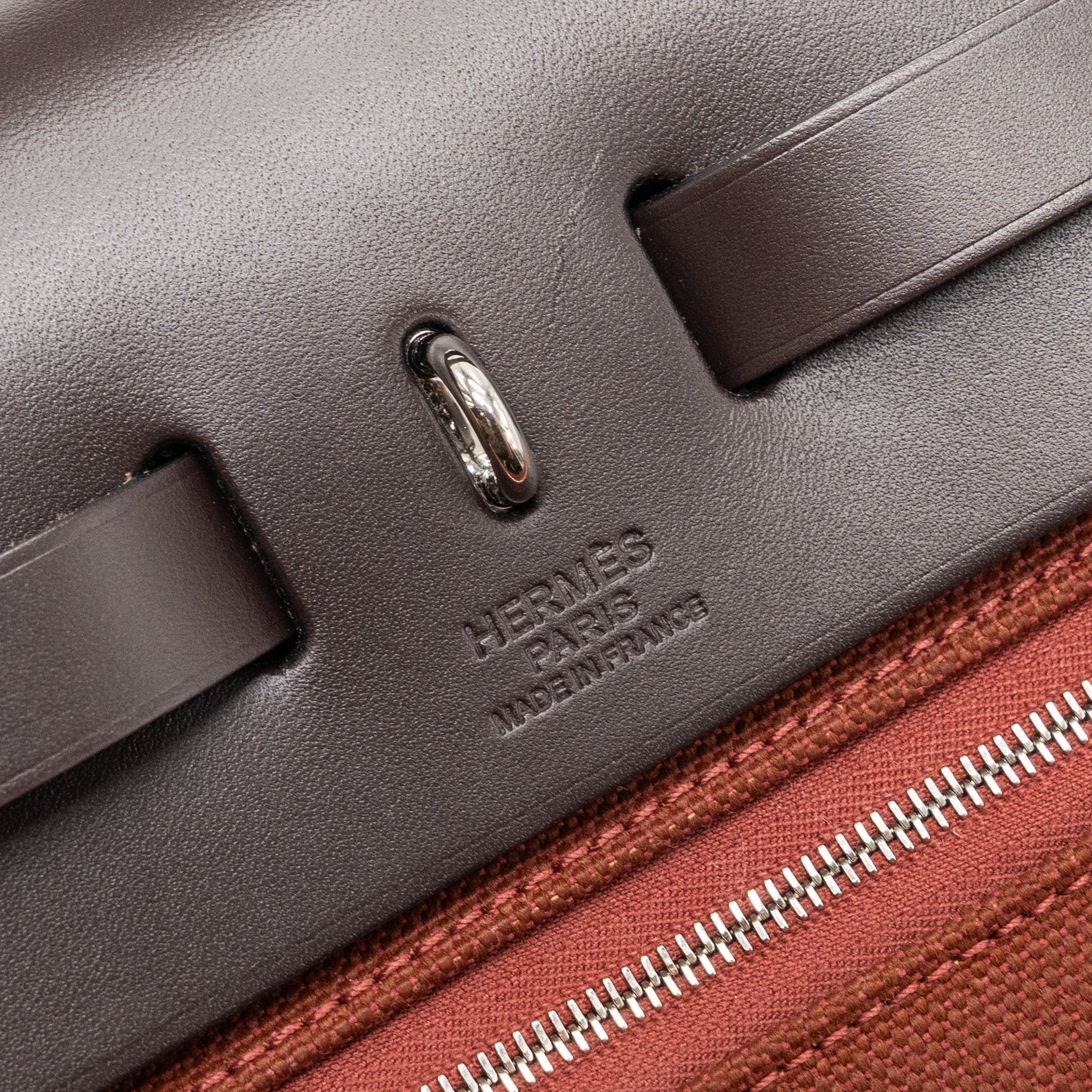 HERMES HERBAG ZIP 31 BAG CANVAS/ HUNTER LEATHER ROUGE H / EBENE SHW