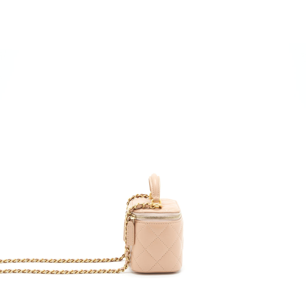 CHANEL TOP HANDLE MINI VANITY ON CHAIN LAMBSKIN BEIGE GHW
