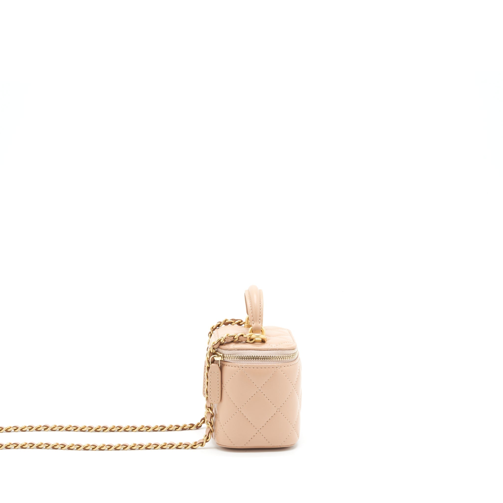 CHANEL TOP HANDLE MINI VANITY ON CHAIN LAMBSKIN BEIGE GHW