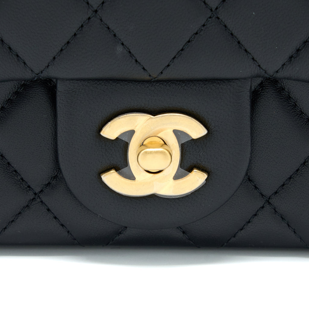 CHANEL 23S CAMELLIA CHAIN MINI SQUARE FLAP BAG LAMBSKIN BLACK BRUSHED GHW (MICROCHIP)