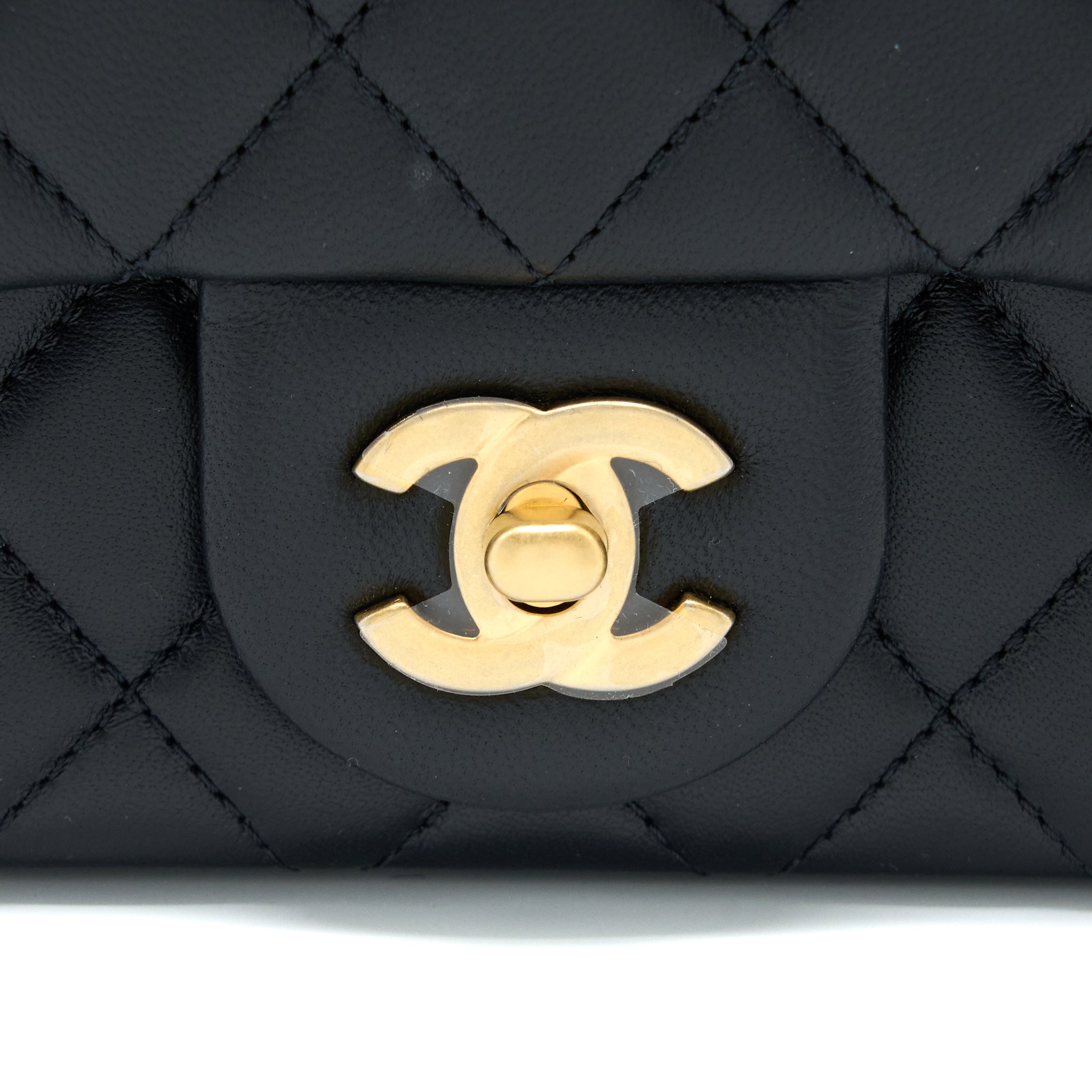 CHANEL 23S CAMELLIA CHAIN MINI SQUARE FLAP BAG LAMBSKIN BLACK BRUSHED GHW (MICROCHIP)