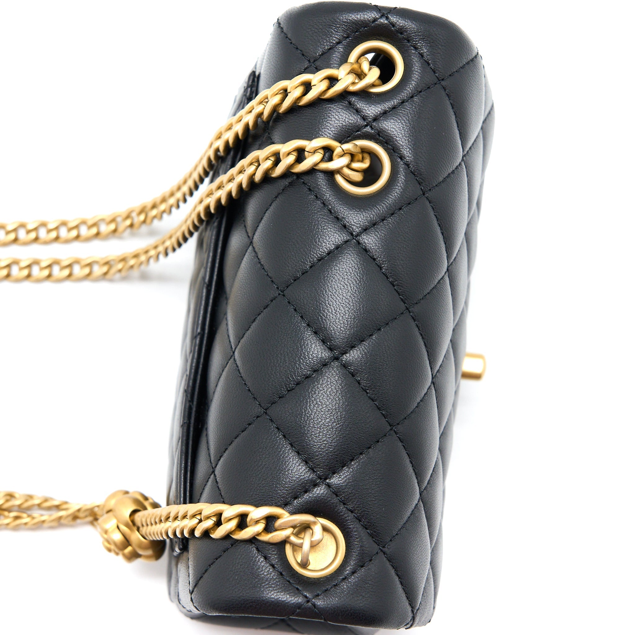 CHANEL 23S CAMELLIA CHAIN MINI SQUARE FLAP BAG LAMBSKIN BLACK BRUSHED GHW (MICROCHIP)