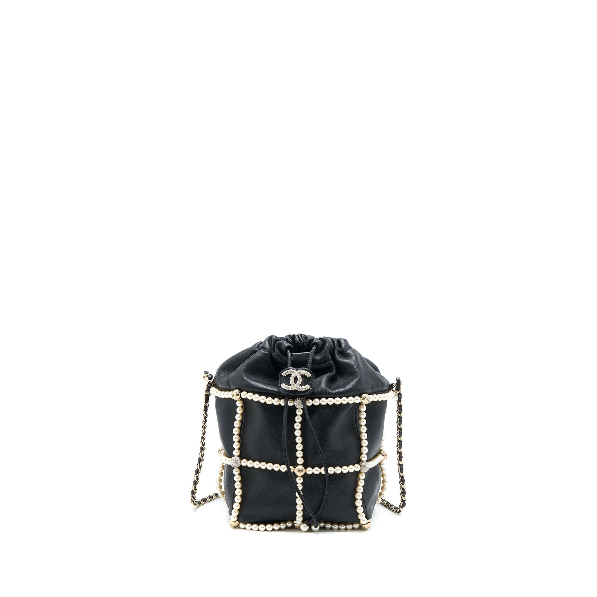 CHANEL BUCKET CRYSTAL CC LOGO PEARL CHAIN BAG LAMBSKIN BLACK SHW