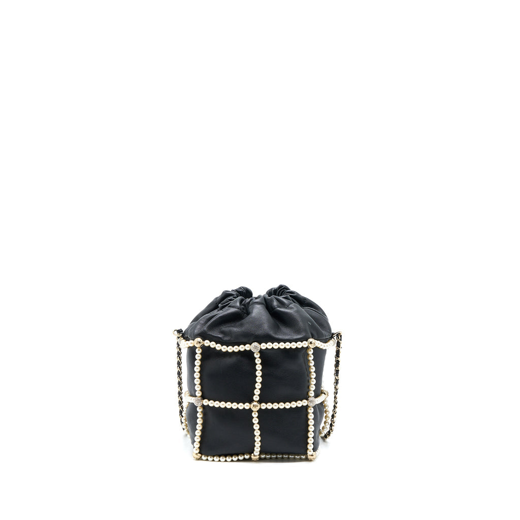 CHANEL BUCKET CRYSTAL CC LOGO PEARL CHAIN BAG LAMBSKIN BLACK SHW