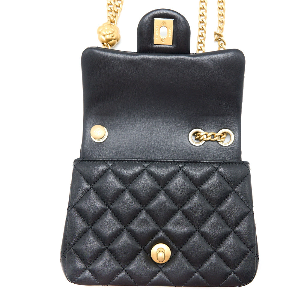 CHANEL 23S CAMELLIA CHAIN MINI SQUARE FLAP BAG LAMBSKIN BLACK BRUSHED GHW (MICROCHIP)