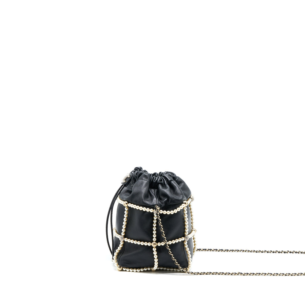 CHANEL BUCKET CRYSTAL CC LOGO PEARL CHAIN BAG LAMBSKIN BLACK SHW