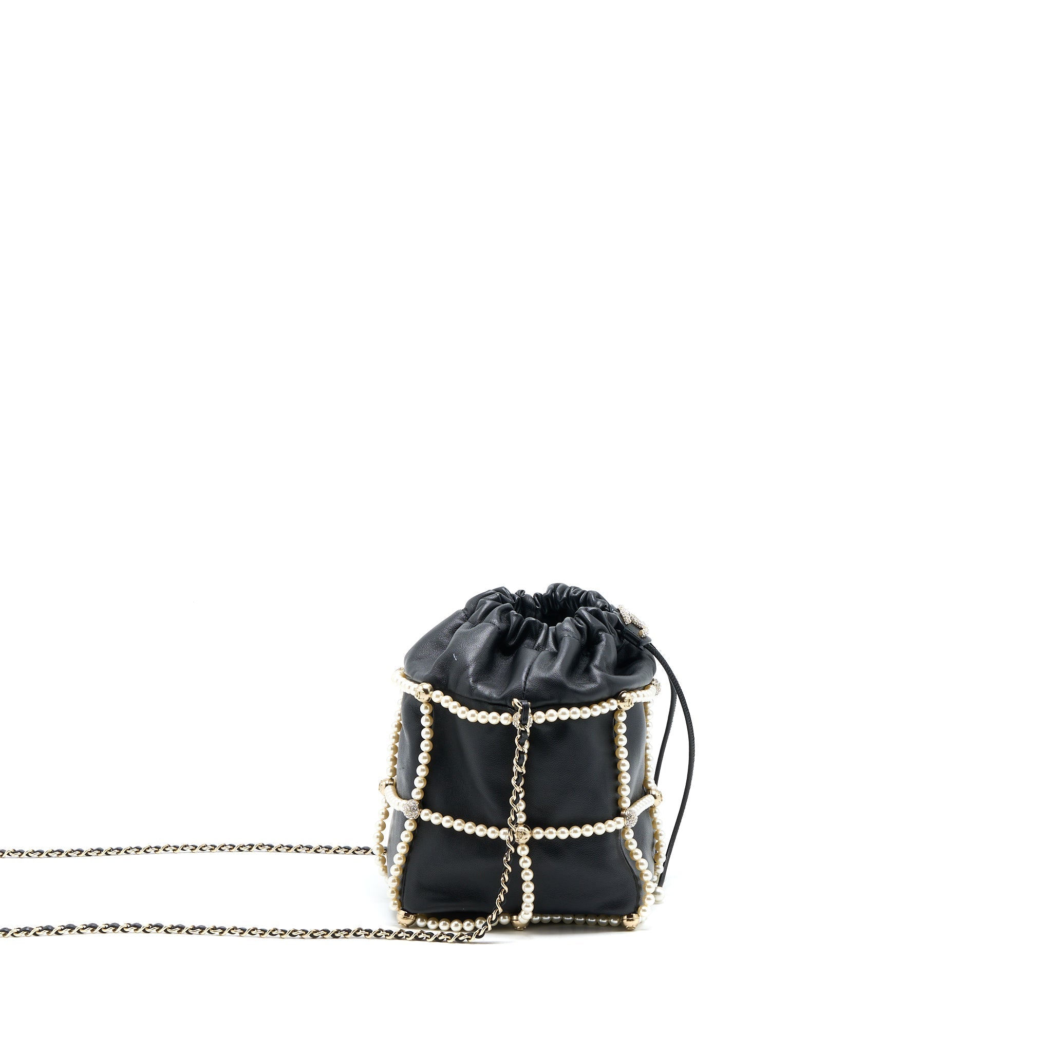 CHANEL BUCKET CRYSTAL CC LOGO PEARL CHAIN BAG LAMBSKIN BLACK SHW