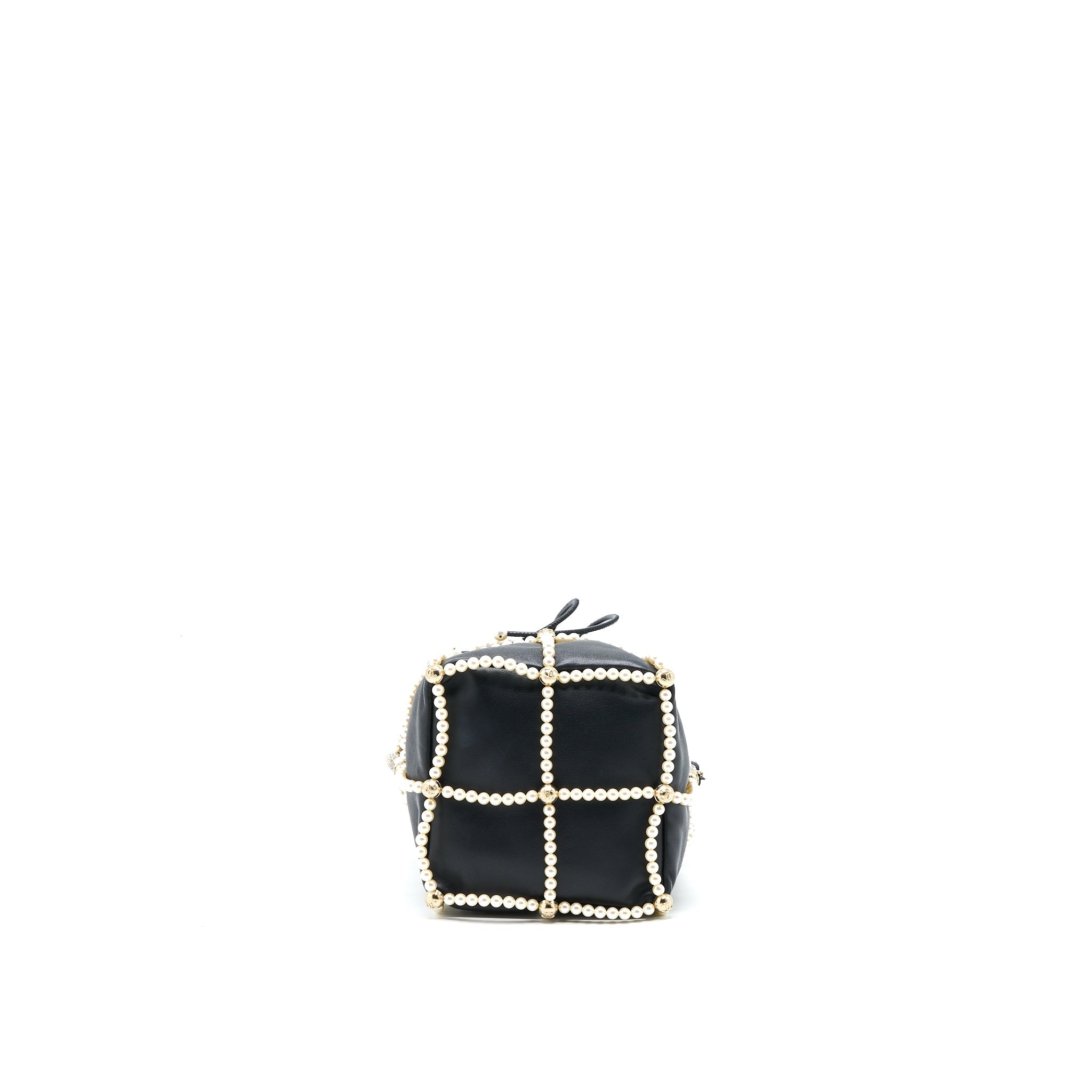 CHANEL BUCKET CRYSTAL CC LOGO PEARL CHAIN BAG LAMBSKIN BLACK SHW