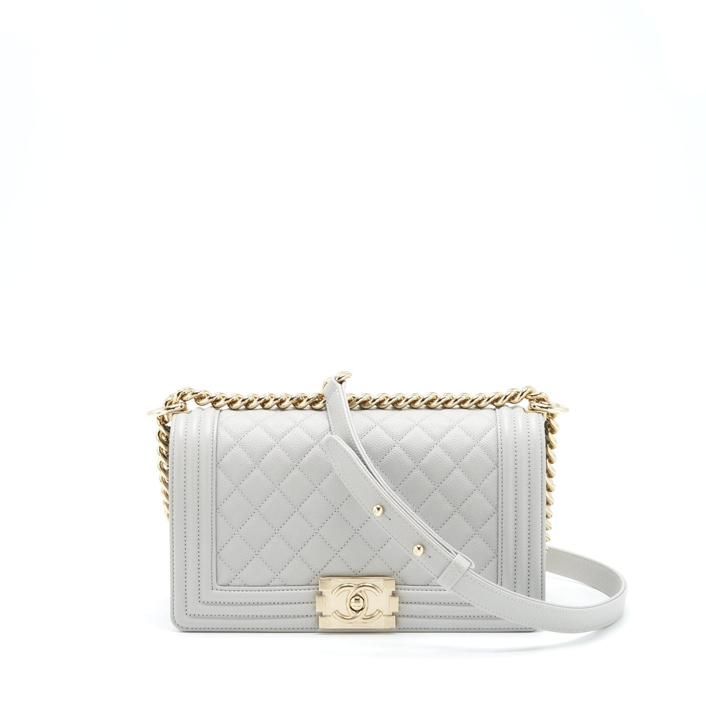 CHANEL MEDIUM BOY BAG CAVIAR LIGHT GREY SHW (MICROCHIP)