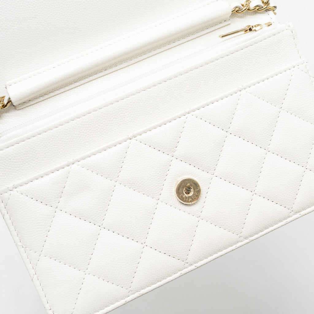 CHANEL DETAIL CRYSTAL CC LOGO WALLET ON CHAIN CAVIAR WHITE LGHW(MICROCHIP)