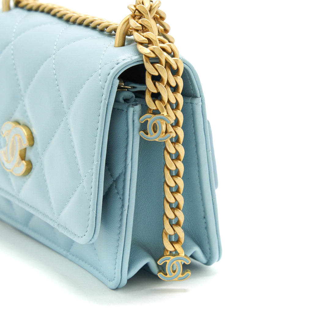 CHANEL 22P PURSE VANITY WITH CHAIN LIGHT BLUE GHW