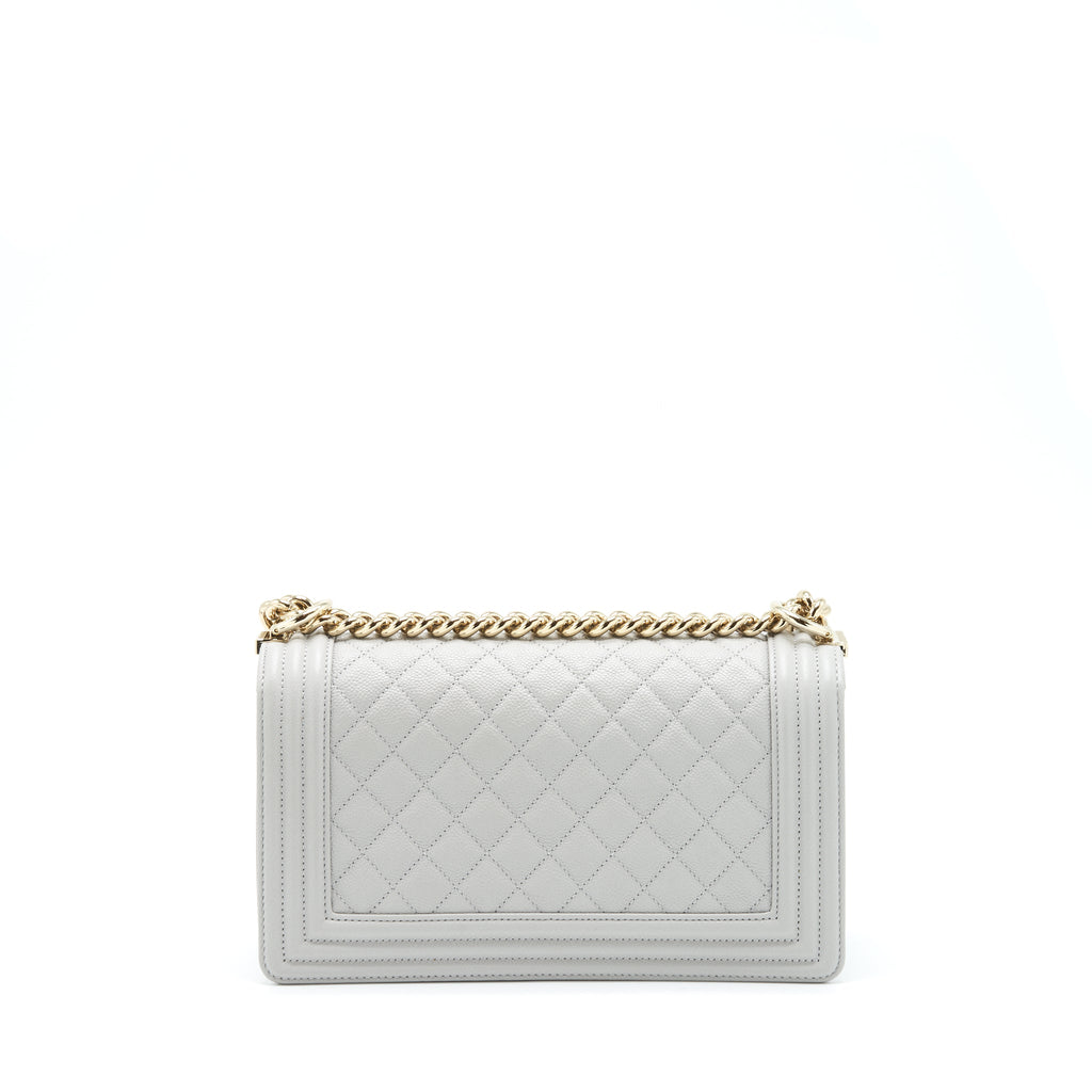 CHANEL MEDIUM BOY BAG CAVIAR LIGHT GREY SHW (MICROCHIP)
