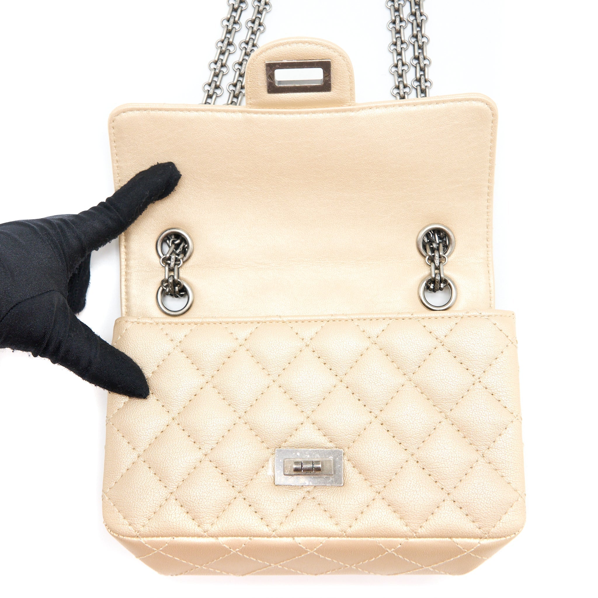 CHANEL 2.55 MINI REISSUE FLAP BAG LAMBSKIN LIGHT BEIGE RUTHENIUM HARDWARE