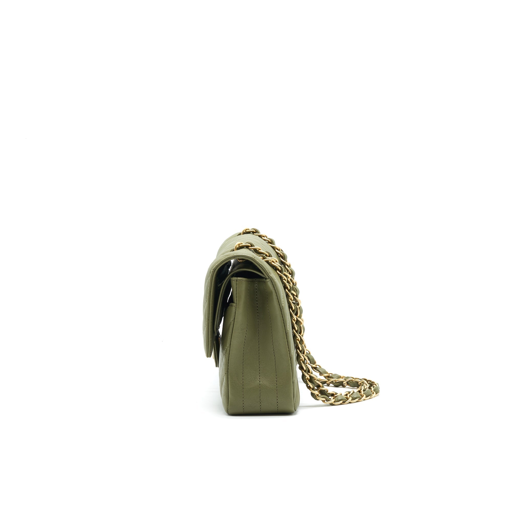CHANEL CHEVRON MEDIUM CLASSIC DOUBLE FLAP BAG OLIVE-GREEN GHW