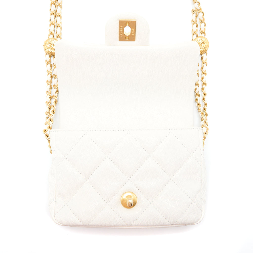 CHANEL 22A MINI SQUARE FLAP BAG CAVIAR WHITE BRUSHED GHW (MICROCHIP)