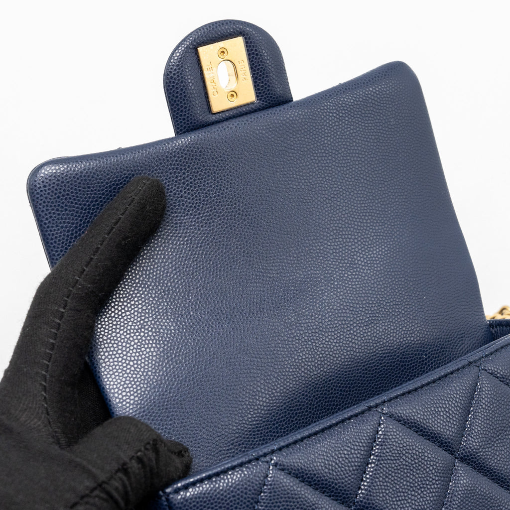 CHANEL 22A BUTTON ON CHAIN MINI SQUARE FLAP BAG CAVIAR NAVY GHW (MICROCHIP)