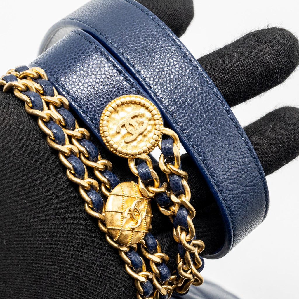 CHANEL 22A BUTTON ON CHAIN MINI SQUARE FLAP BAG CAVIAR NAVY GHW (MICROCHIP)