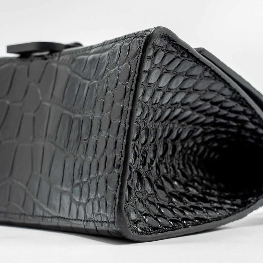 BALENCIAGA HOURGLASS S CROC-EMBOSSED CALFSKIN SO BLACK