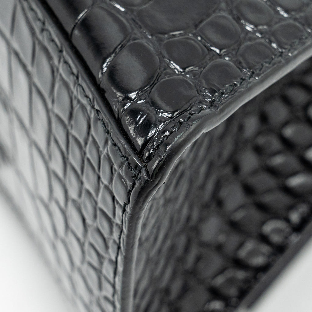 BALENCIAGA HOURGLASS S CROC-EMBOSSED CALFSKIN SO BLACK