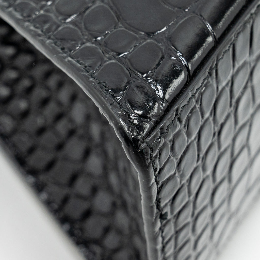 BALENCIAGA HOURGLASS S CROC-EMBOSSED CALFSKIN SO BLACK