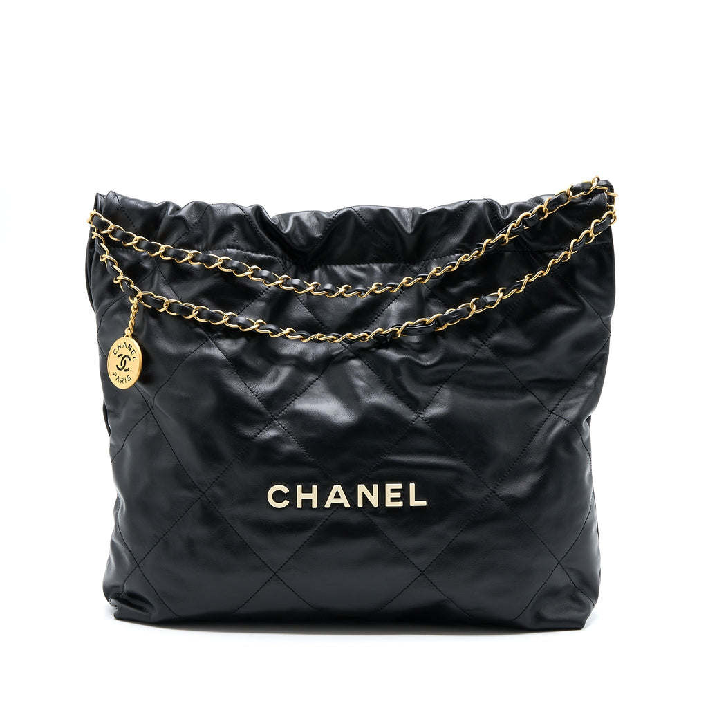 CHANEL MEDIUM 22 BAG WHITE LETTER SHINY CALFSKIN BLACK GHW (MICROCHIP)