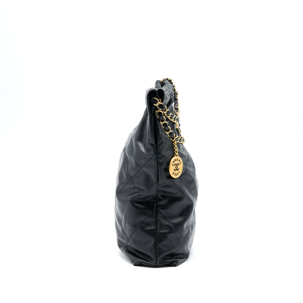 CHANEL MEDIUM 22 BAG WHITE LETTER SHINY CALFSKIN BLACK GHW (MICROCHIP)