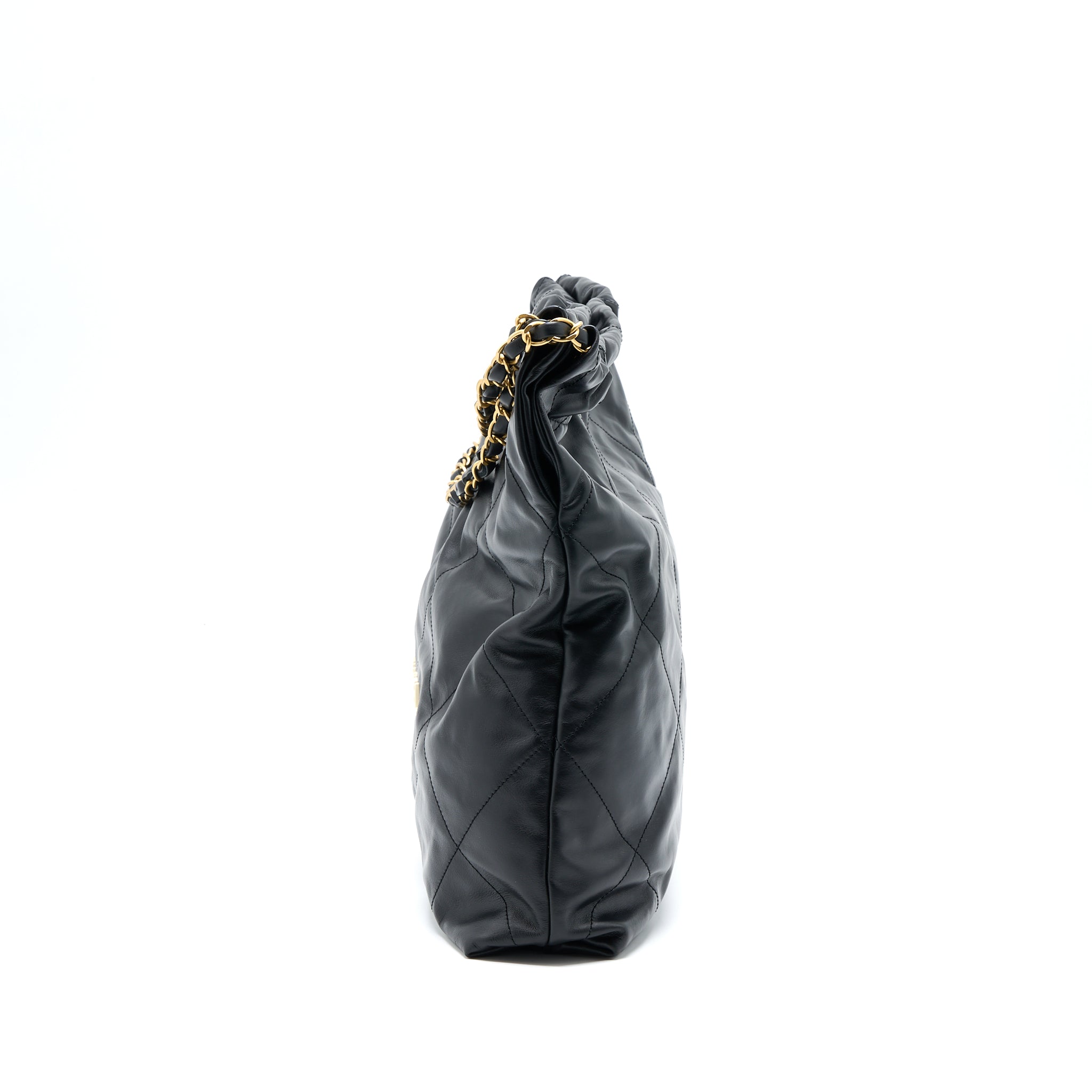 CHANEL MEDIUM 22 BAG WHITE LETTER SHINY CALFSKIN BLACK GHW (MICROCHIP)