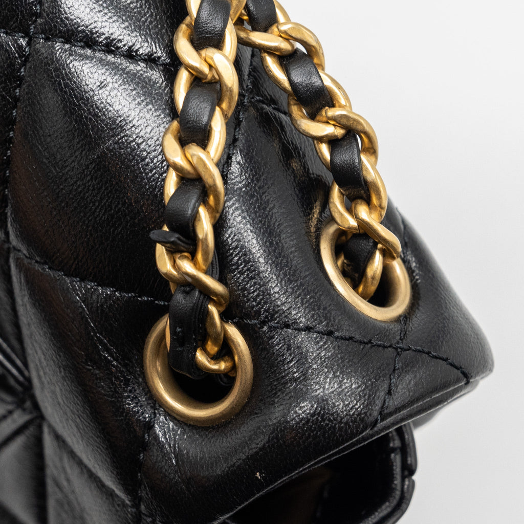 CHANEL SEASONAL MINI SQUARE FLAP BAG WITH DETAILED CHAIN STRAP CALFSKIN BLACK GHW (MICROCHIP)