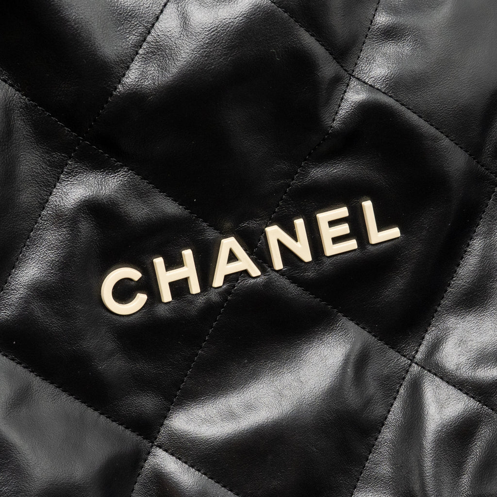 CHANEL SMALL 22 BAG WHITE LETTER SHINY CALFSKIN BLACK GHW (MICROCHIP)