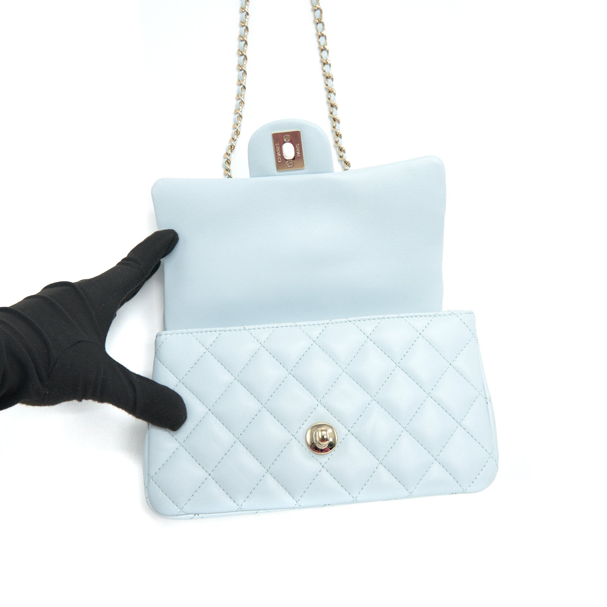 CHANEL 21K MINI TOP HANDLE RECTANGULAR FLAP BAG PASTEL BLUE LGHW