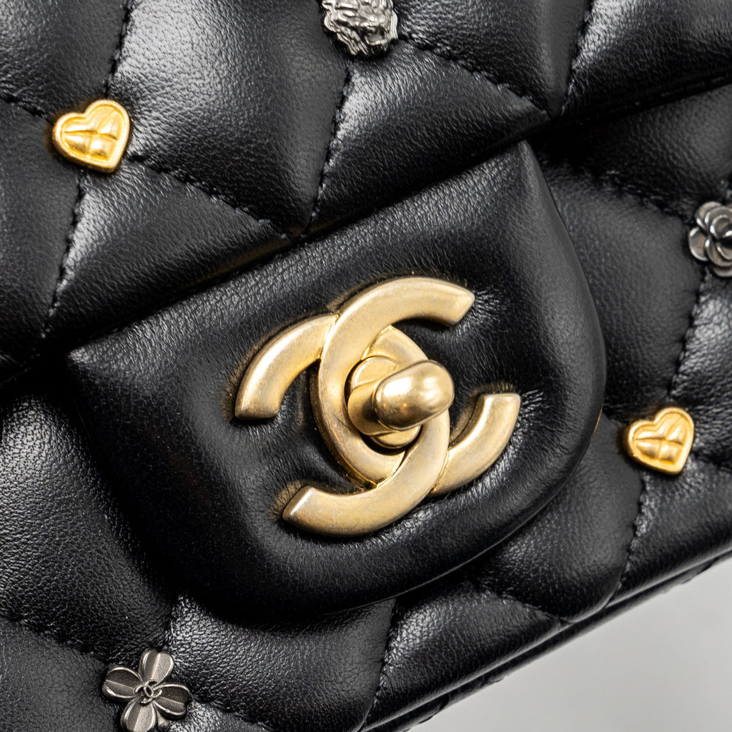 CHANEL MINI RECTANGULAR FLAP BAG CHARMS LIMITED EDITION LAMBSKIN BLACK SILVER/GOLD HARDWARE