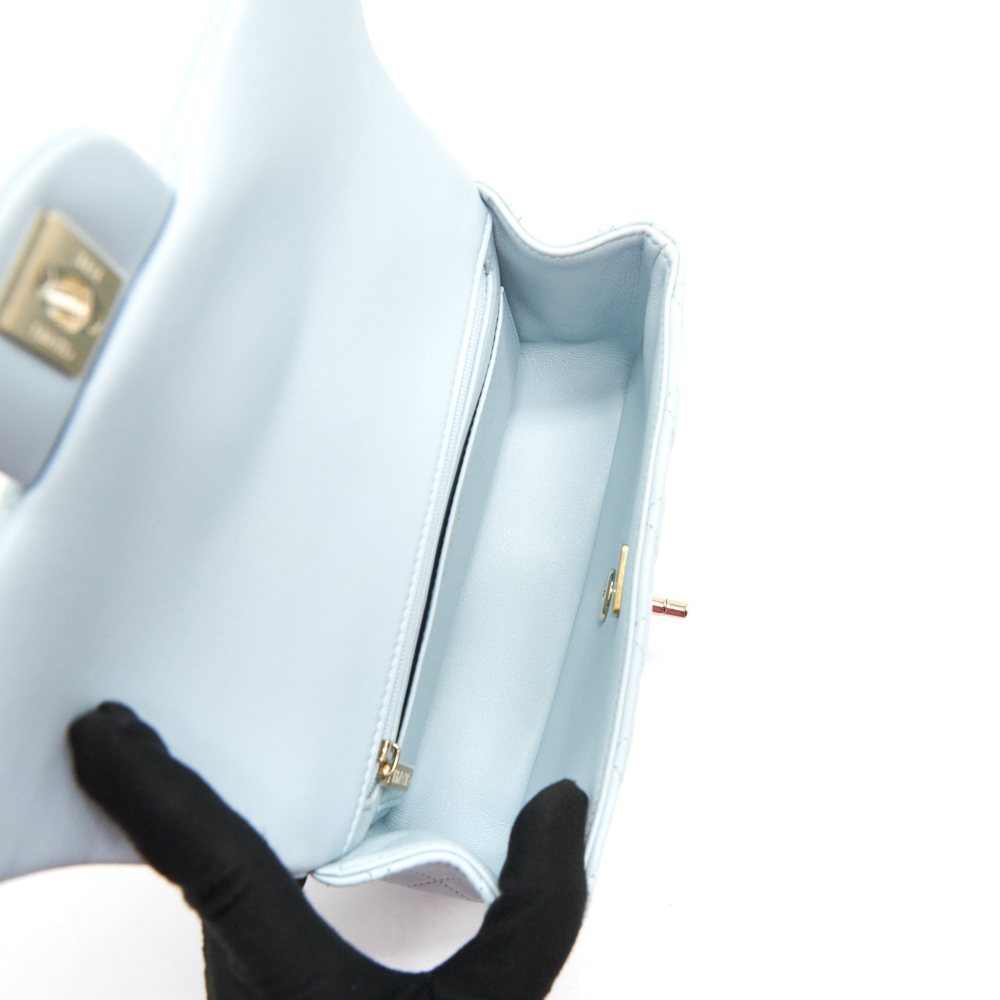 CHANEL 21K MINI TOP HANDLE RECTANGULAR FLAP BAG PASTEL BLUE LGHW