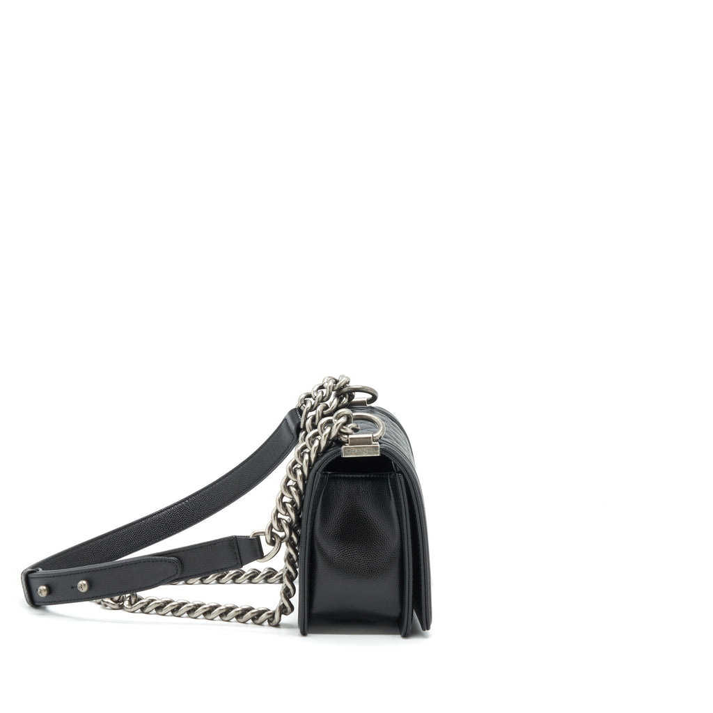 CHANEL SMALL BOY BAG CAVIAR BLACK RUTHENIUM SLIVER HARDWARE (MICROCHIP）