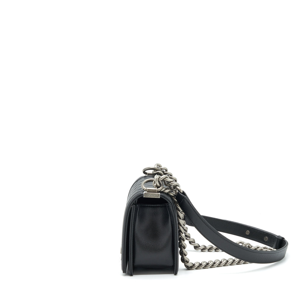 CHANEL SMALL BOY BAG CAVIAR BLACK RUTHENIUM SLIVER HARDWARE (MICROCHIP）