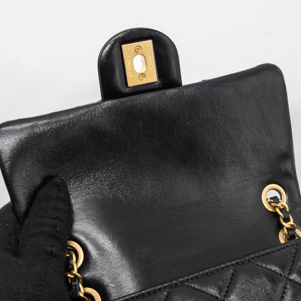 CHANEL SEASONAL MINI SQUARE FLAP BAG WITH DETAILED CHAIN STRAP CALFSKIN BLACK GHW (MICROCHIP)