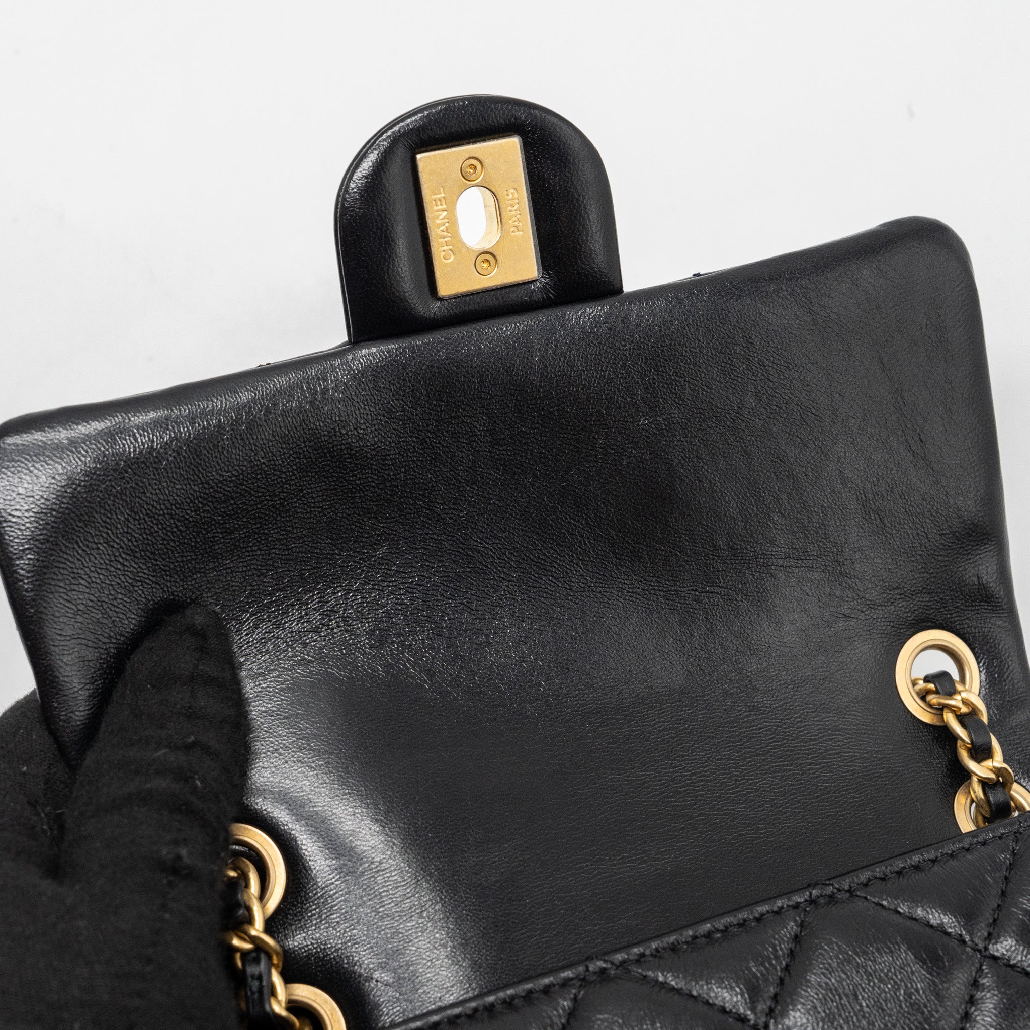 CHANEL SEASONAL MINI SQUARE FLAP BAG WITH DETAILED CHAIN STRAP CALFSKIN BLACK GHW (MICROCHIP)