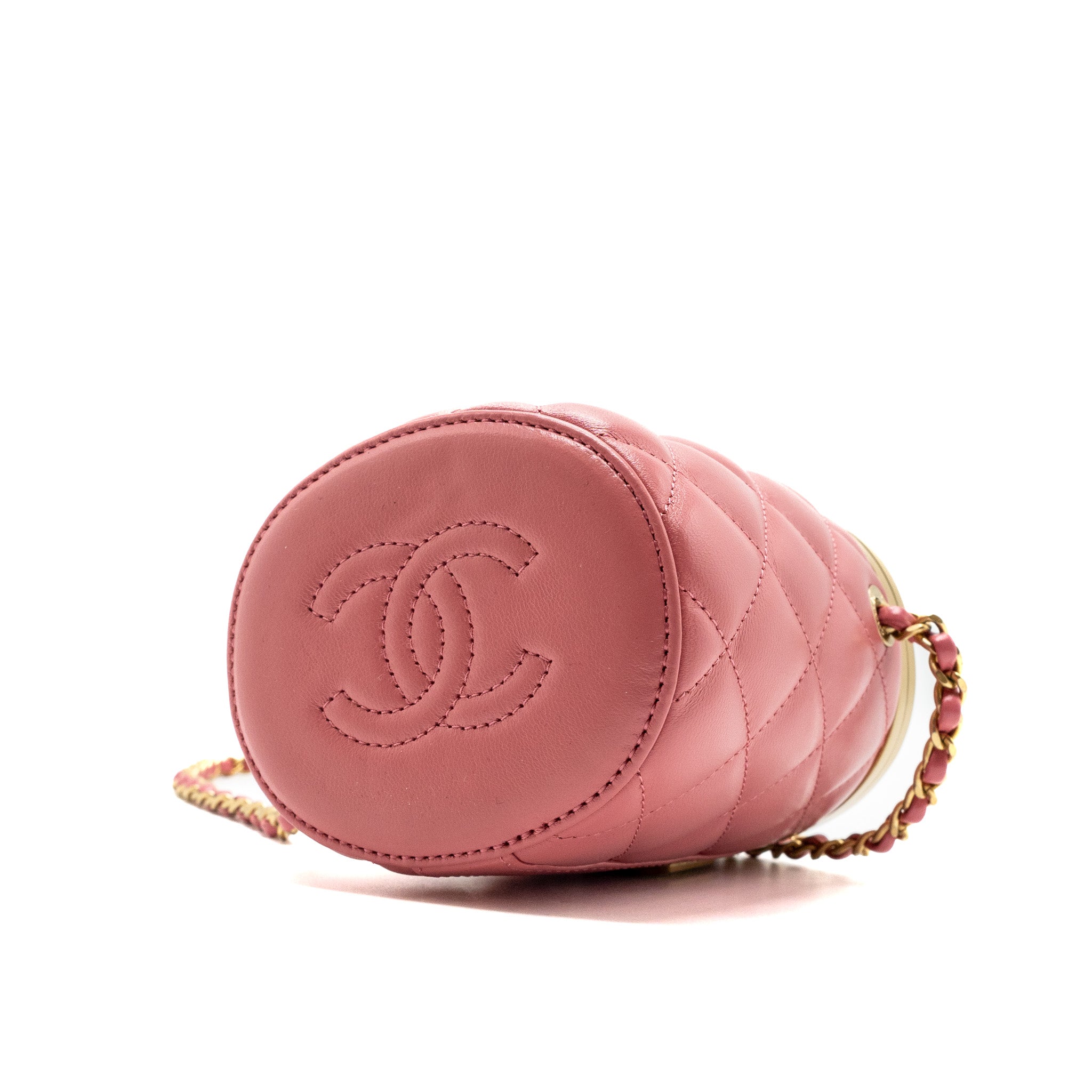 CHANEL ROUND VANITY CASE WITH CHAIN LAMBSKIN PINK GHW(MICROCHIP)