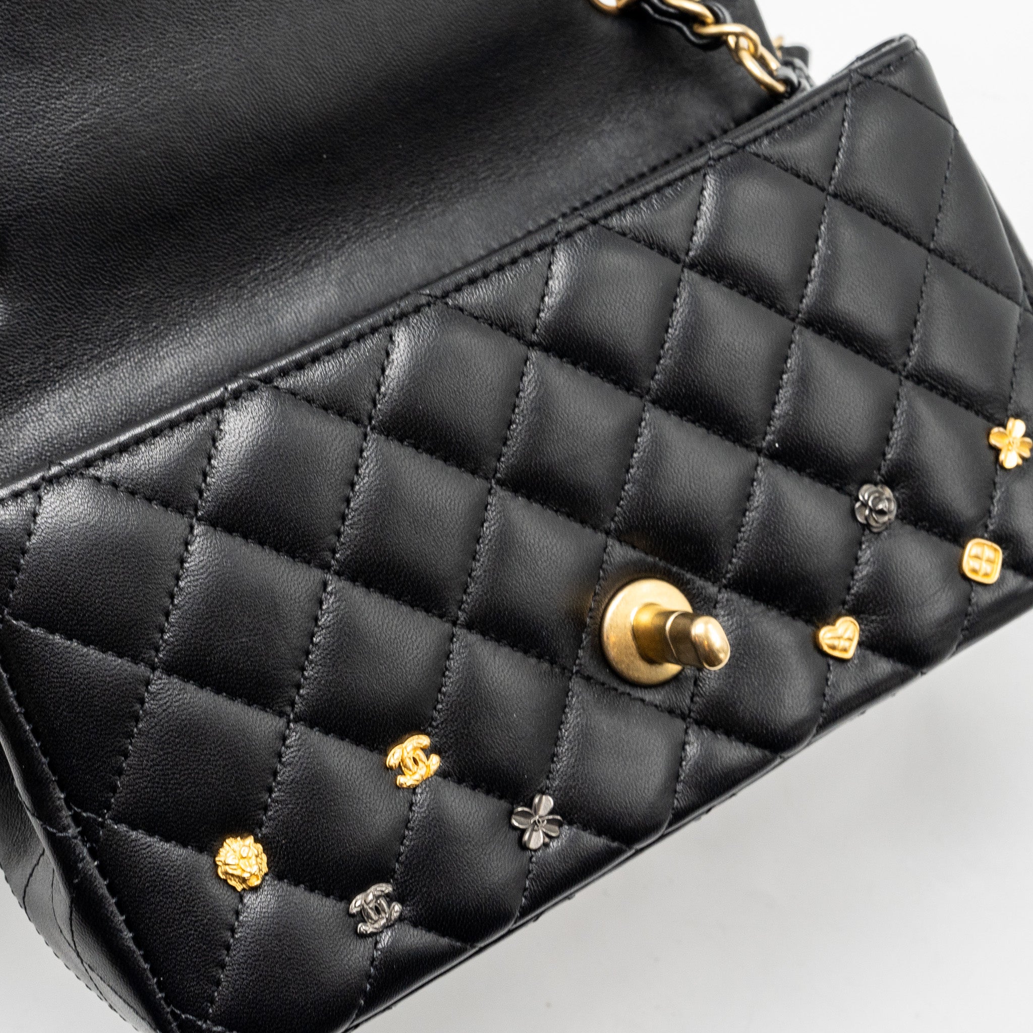 CHANEL MINI RECTANGULAR FLAP BAG CHARMS LIMITED EDITION LAMBSKIN BLACK SILVER/GOLD HARDWARE