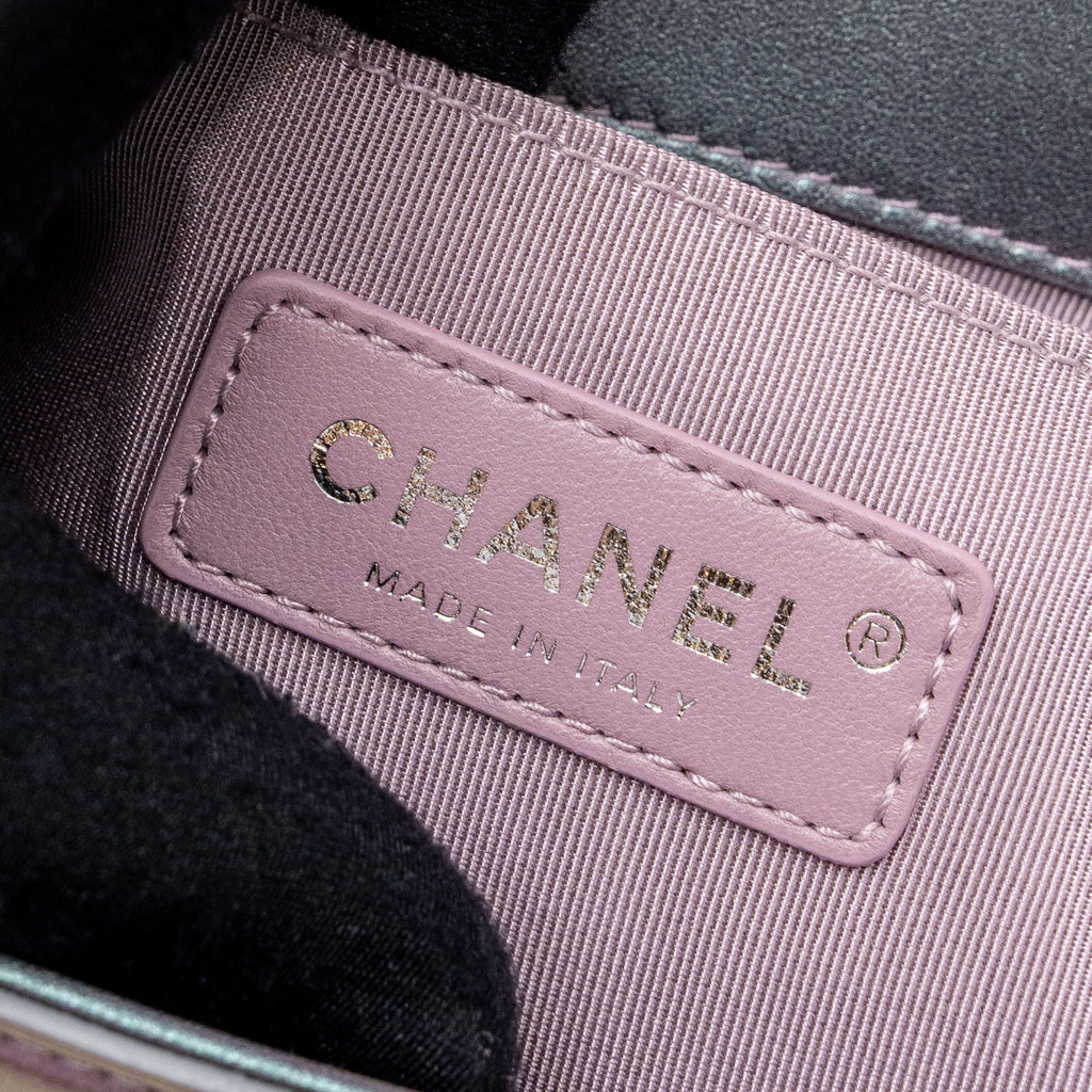 CHANEL 18S SMALL BOY BAG LIMITED PVC / PATENT CALFSKIN LEATHER IRIDESCENT LIGHT PURPLE SHW