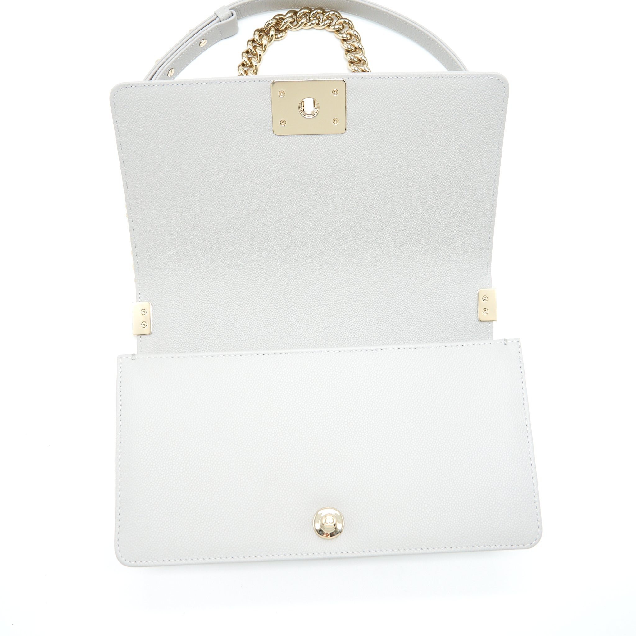 CHANEL MEDIUM BOY BAG CAVIAR LIGHT GREY SHW (MICROCHIP)