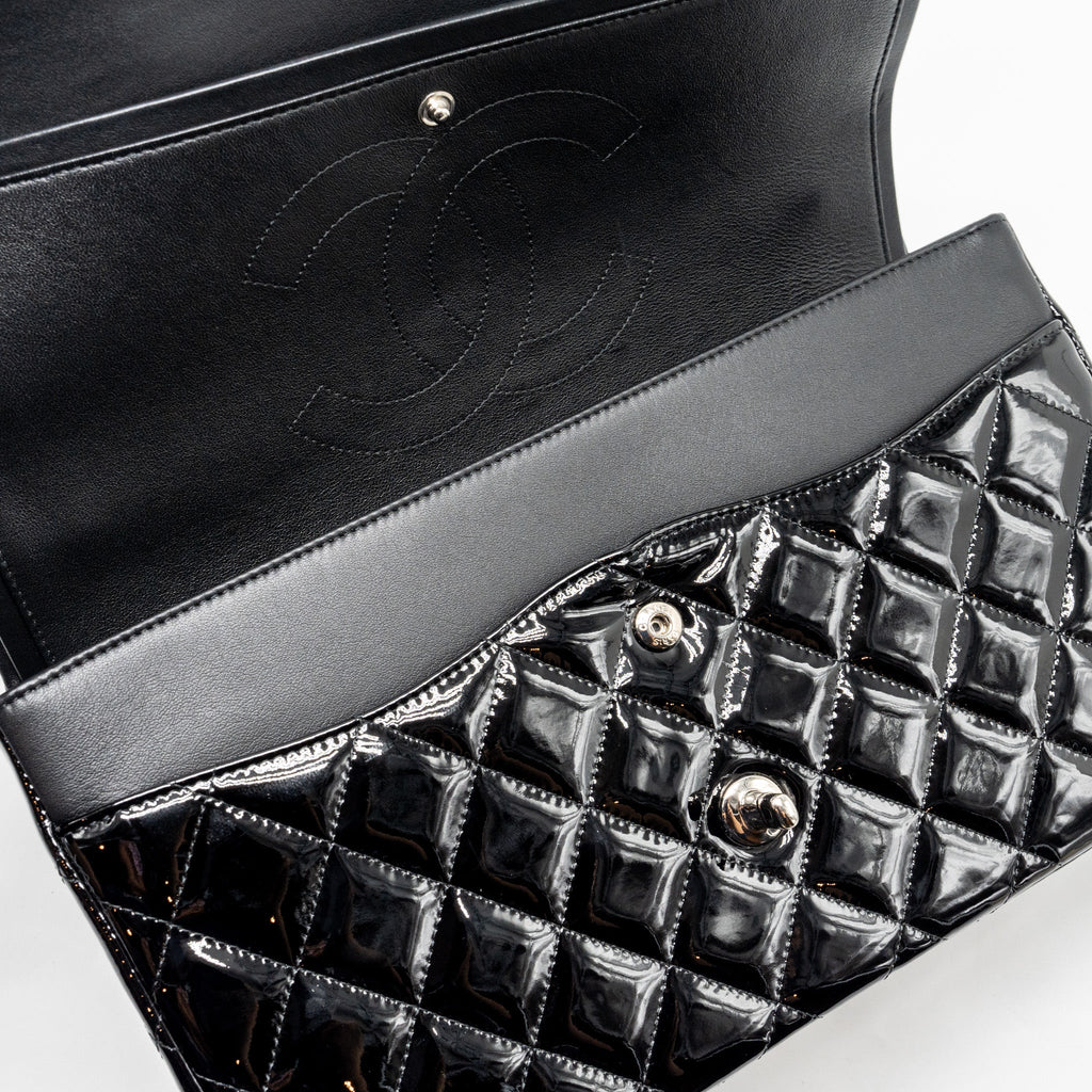 CHANEL JUMBO CLASSIC DOUBLE FLAP BAG PATENT BLACK SHW