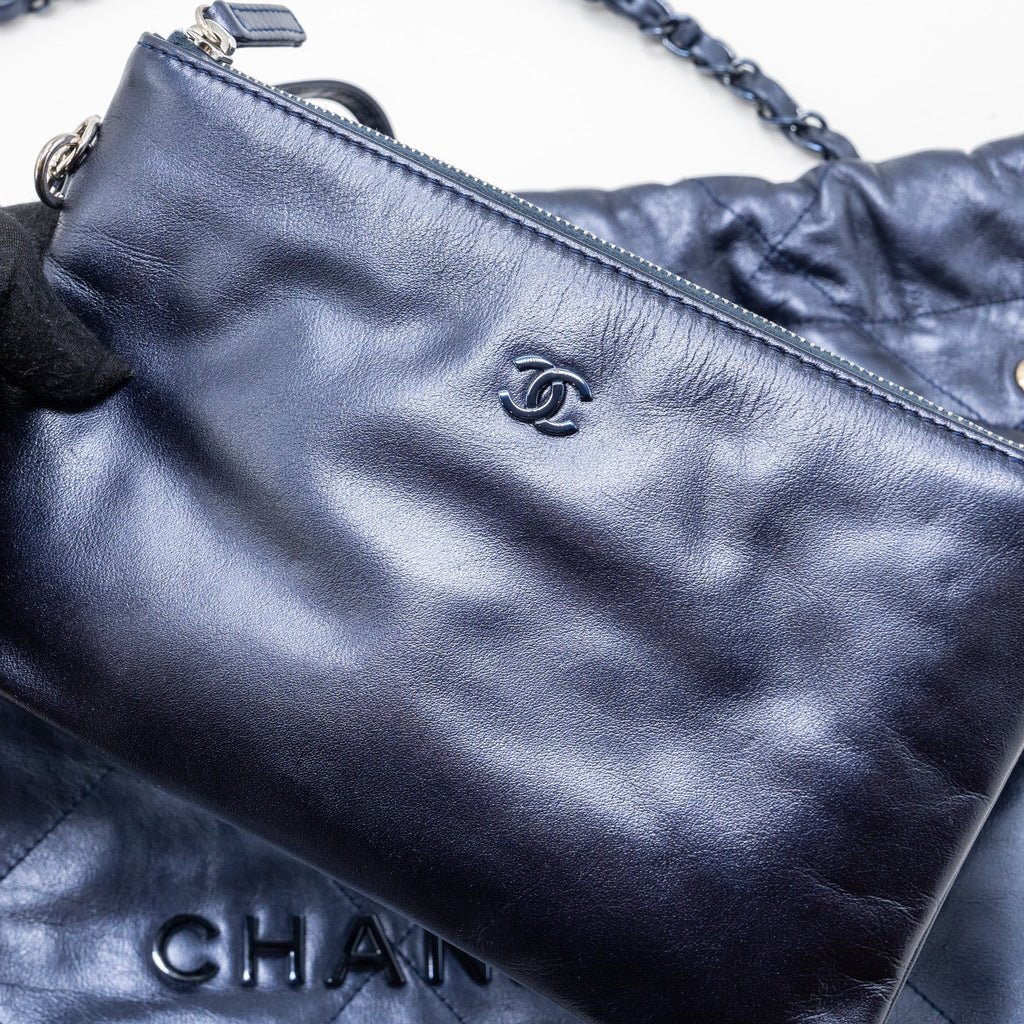 CHANEL SMALL 22 BAG SHINY CALFSKIN IRIDESCENT BLACK WITH BLACK HARDWARE(MICROCHIP)