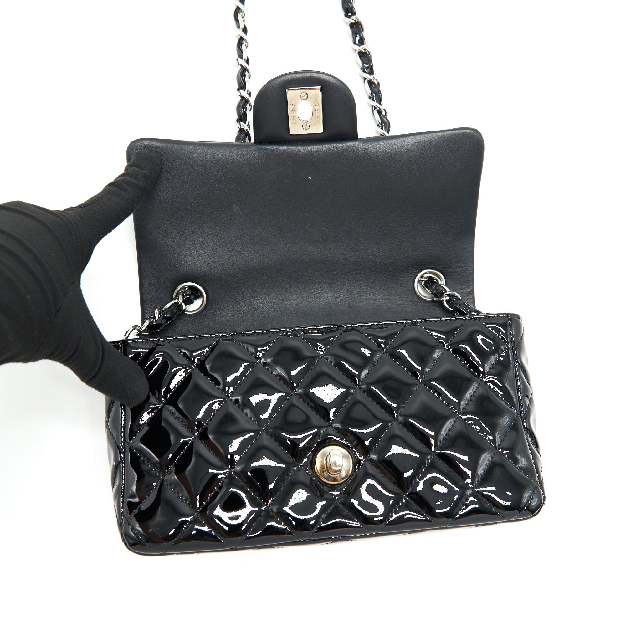 CHANEL MINI RECTANGULAR FLAP BAG PATENT LEATHER BLACK SHW