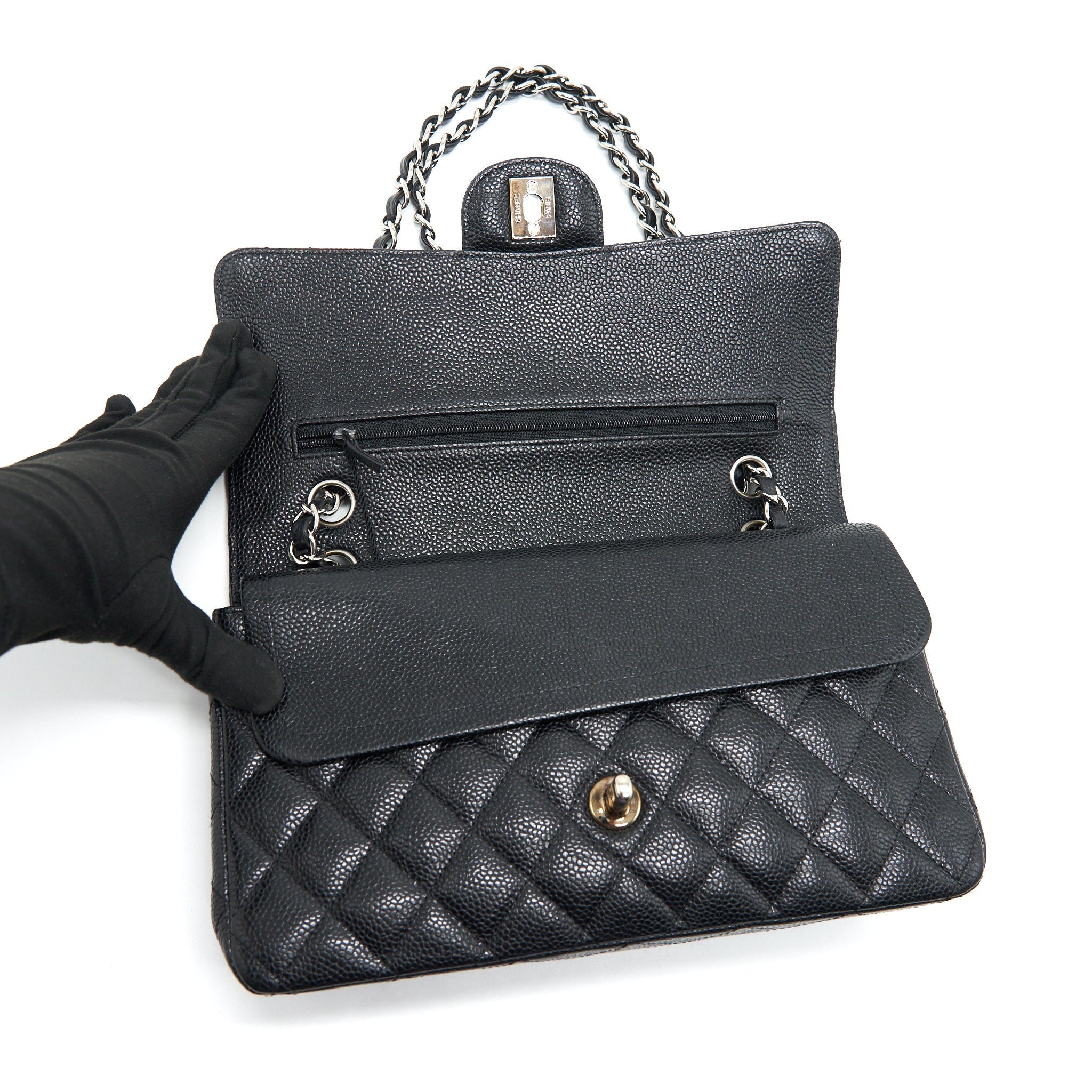 CHANEL MEDIUM CLASSIC DOUBLE FLAP CAVIAR BLACK SHW SERIAL 12