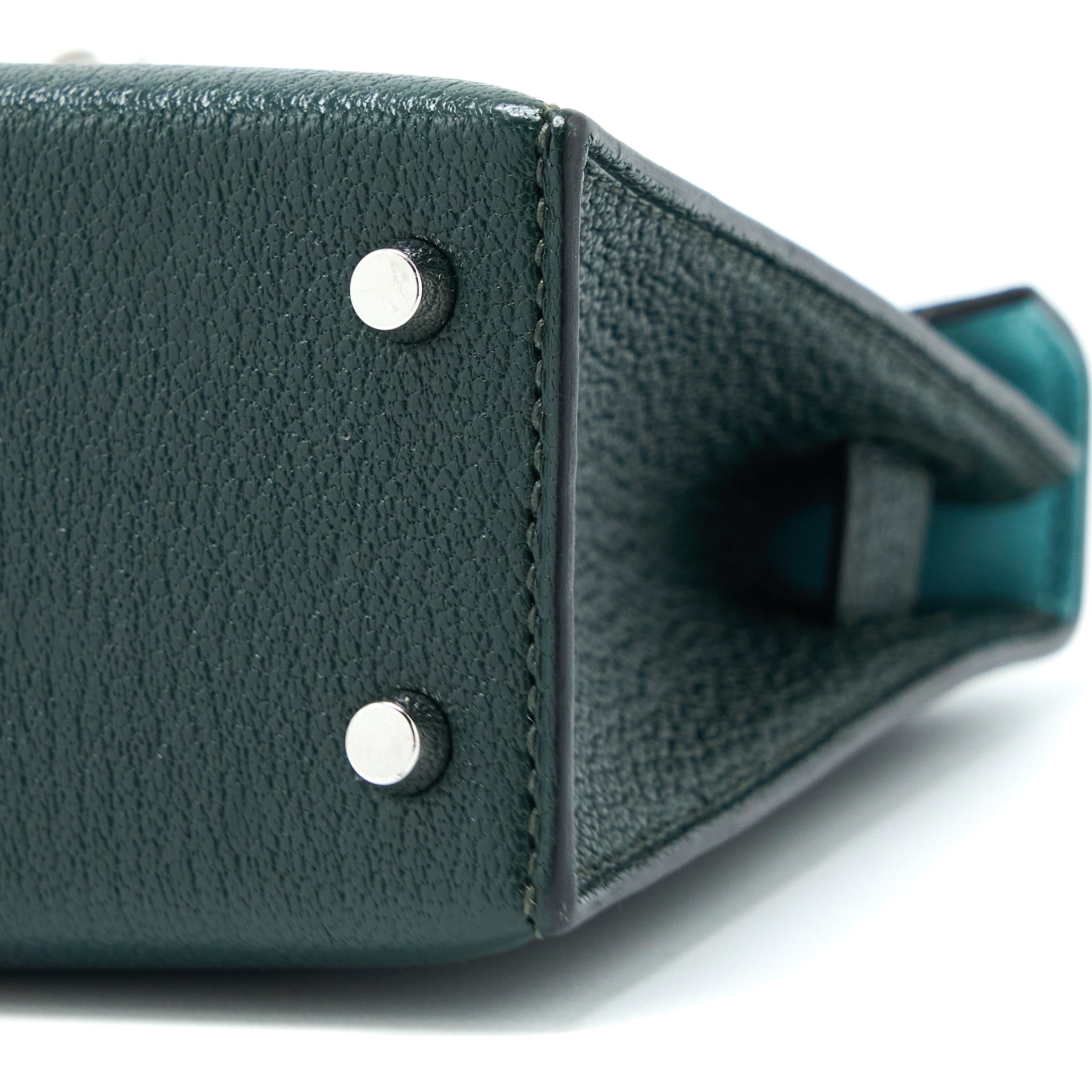 HERMES MINI KELLY II CHEVRE MYSORE VERT TITIEN/BLEU ATOLL SHW