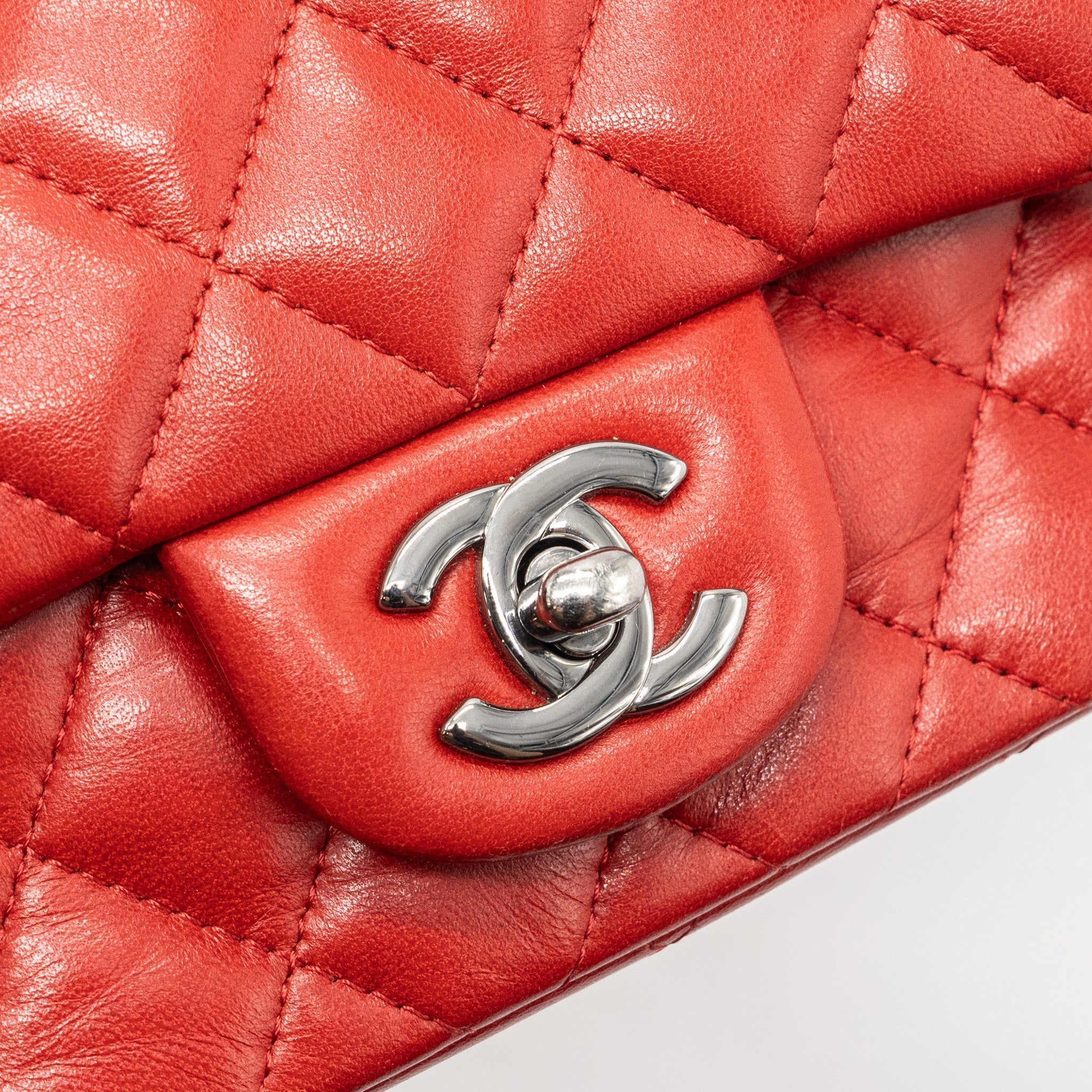 CHANEL MINI SQUARE FLAP BAG LAMBSKIN RED BLACK HARDWARE