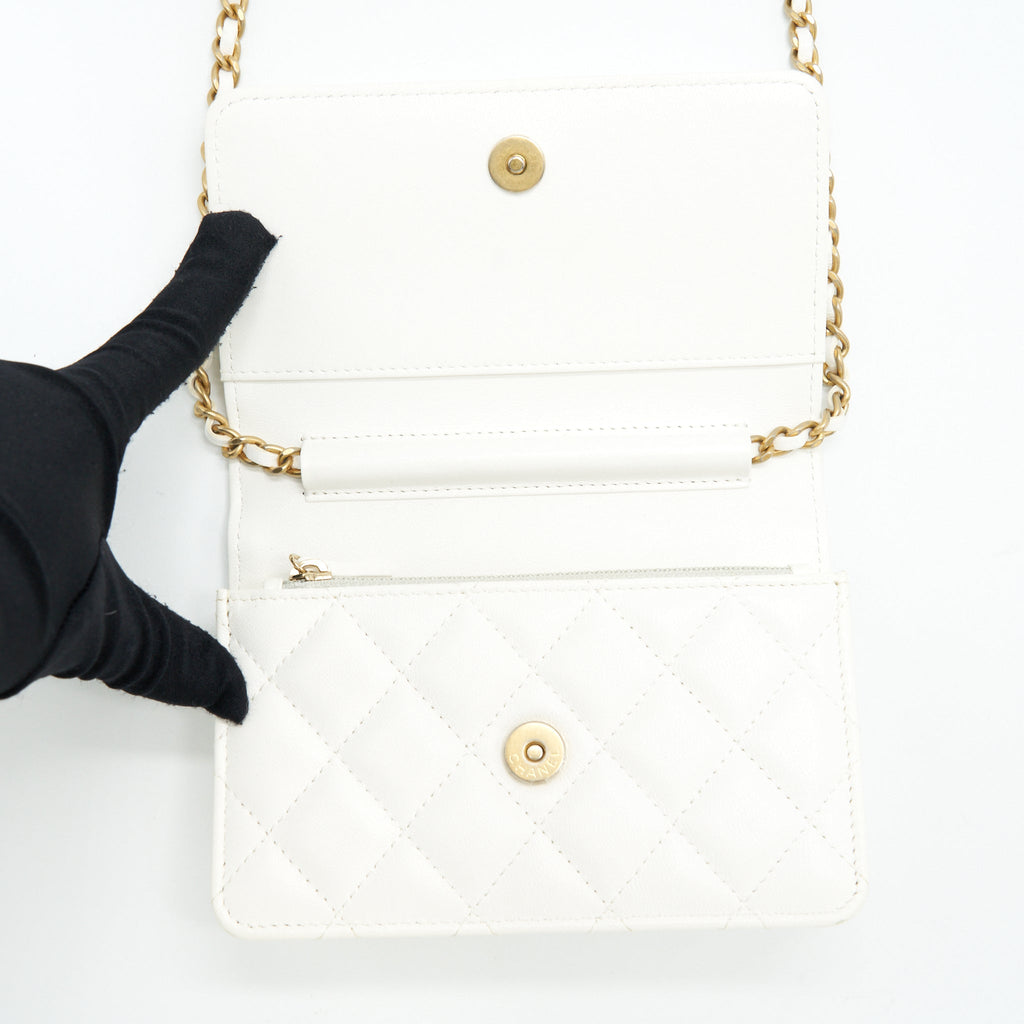 CHANEL SMALL WALLET ON CHAIN WITH RIBBON CHAIN LAMBSKIN WHITE GHW