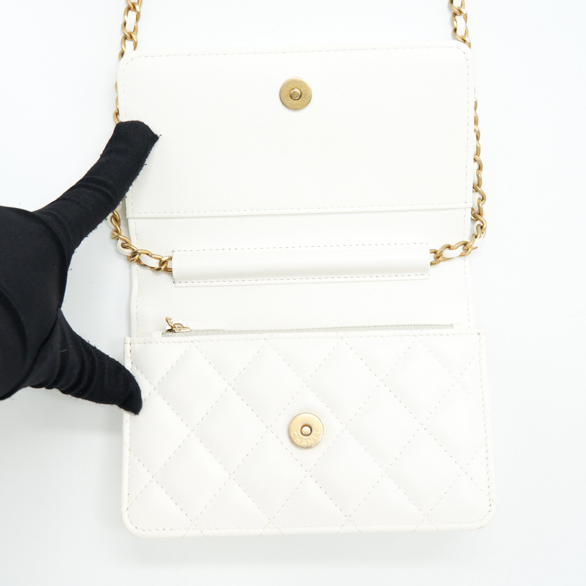 CHANEL SMALL WALLET ON CHAIN WITH RIBBON CHAIN LAMBSKIN WHITE GHW